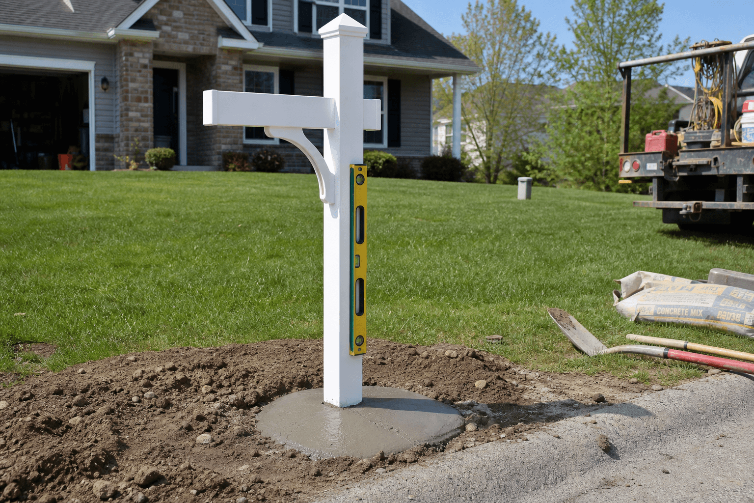 New mailbox post set in fresh concrete for a Sacramento installation