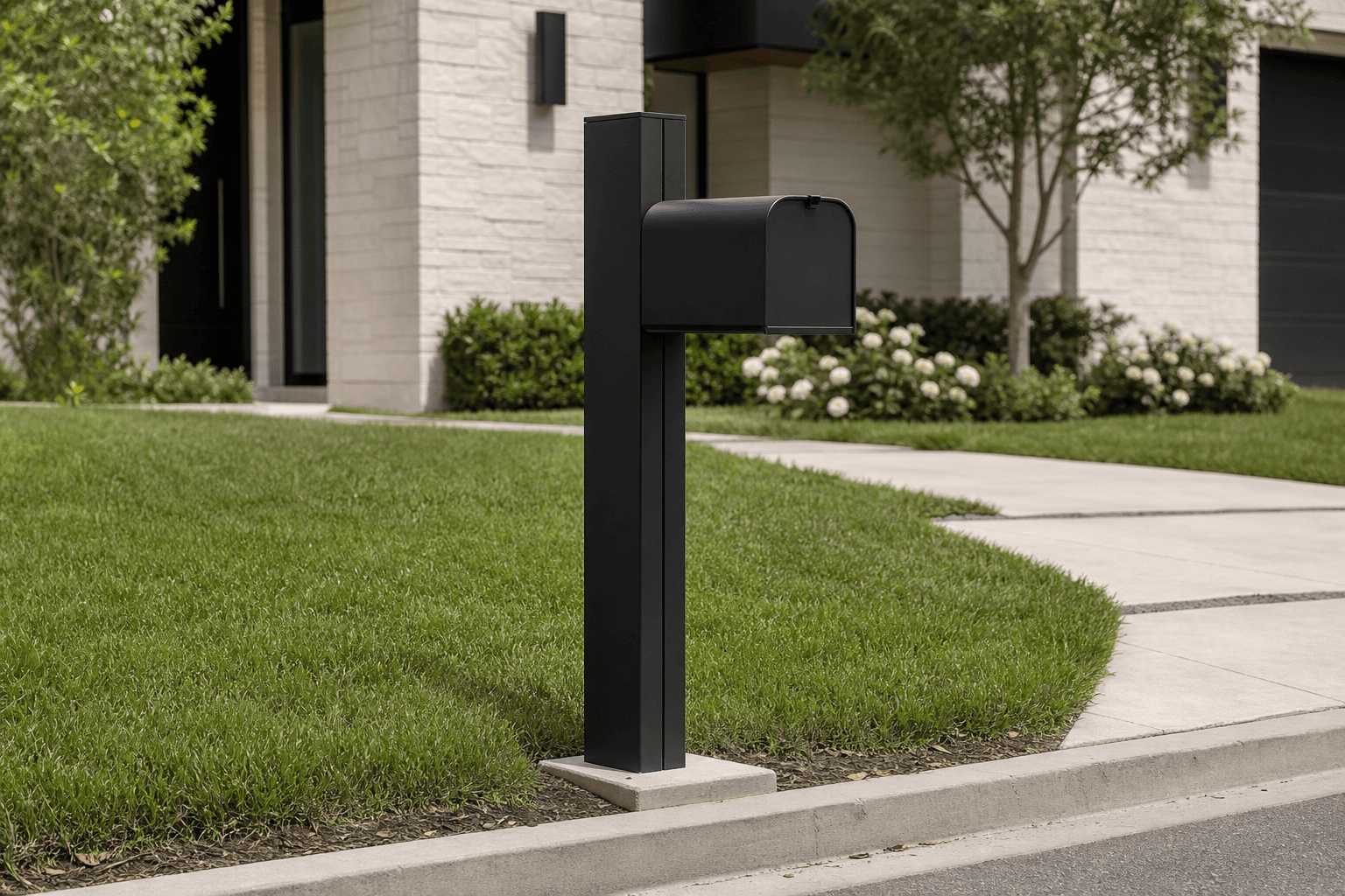 Design prototype — sleek black powder-coated modern mailbox post