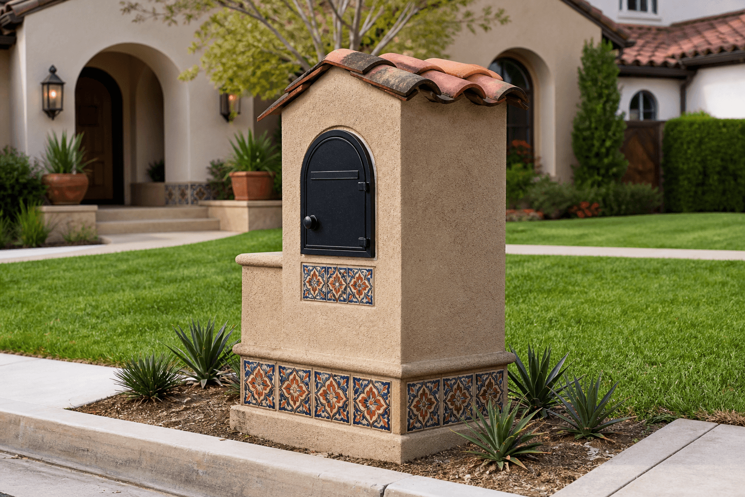 Design prototype — Southwest stucco mailbox with clay tile details